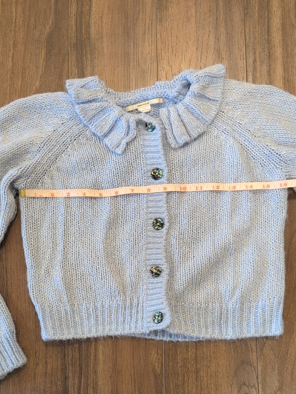 Kimchi Blue Mirabell Light Blue Sparkly Knit Cardigan with Ruffle Collar Cropped - Picture 9 of 13
